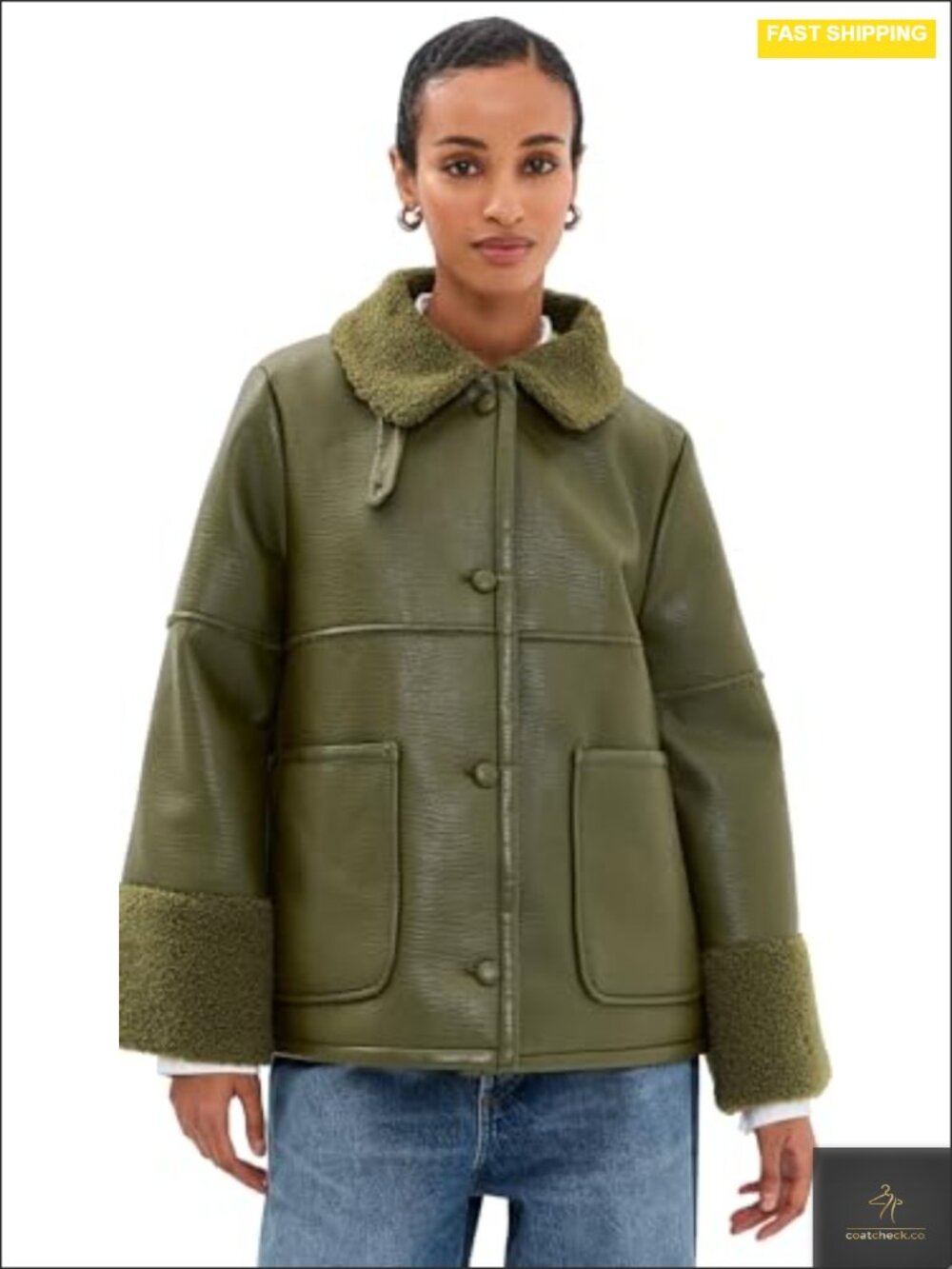 Women's Faux Leather Moto Jacket with Sherpa Trim - Loose Fit